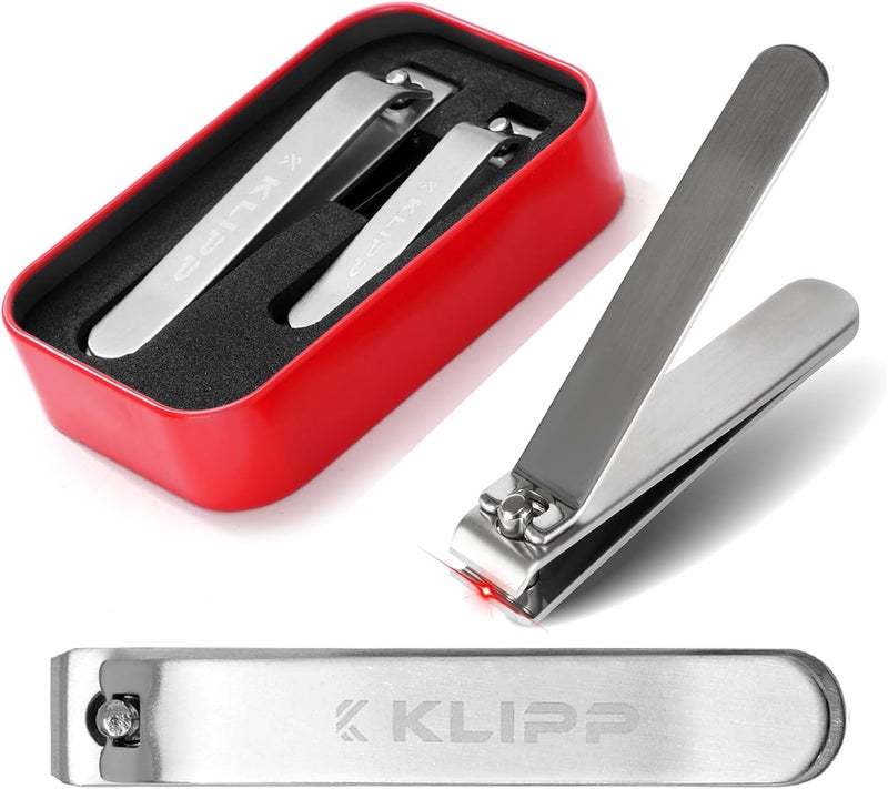 KLIPP طقم قص الأظافر للرجال والنساء - مقص أظافر من الفولاذ المقاوم للصدأ مع شفرات منحنية ومستقيمة، طقم مقص أظافر احترافي مع علبة معدنية للهدايا والسفر - Image 1